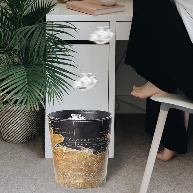 Vintage Leather Trash Can Retro World Map Trash Can Decorative Round Garbage Container Toillet Paper Bin for Bathroom Bedroom Kitchen Office