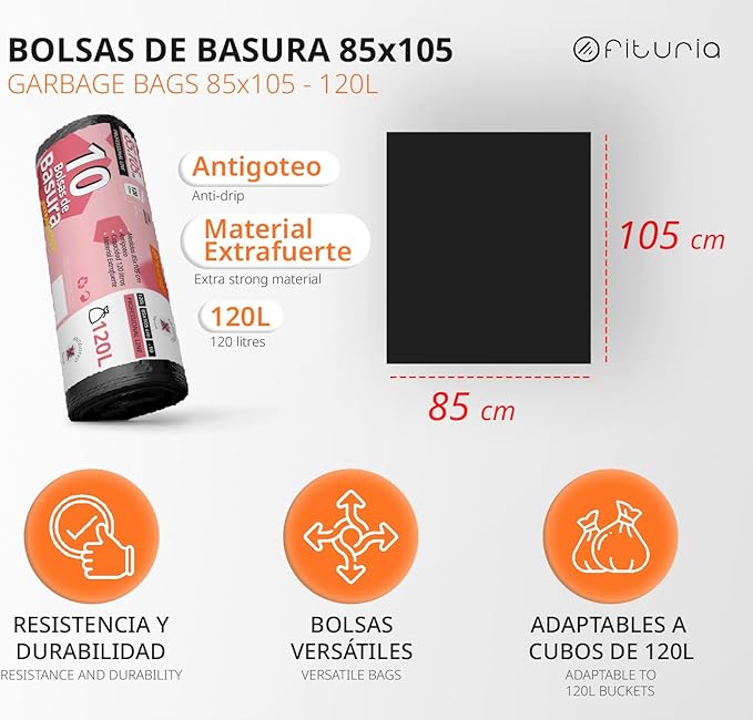 Trash Bags Trash Bags 120L Durable Suitable for 120L Trash Bins Leakproof Large Plastic Trash Bags Suitable for All Types of Waste 85 x 105 cm – Ophituria (20 Bags 120L)