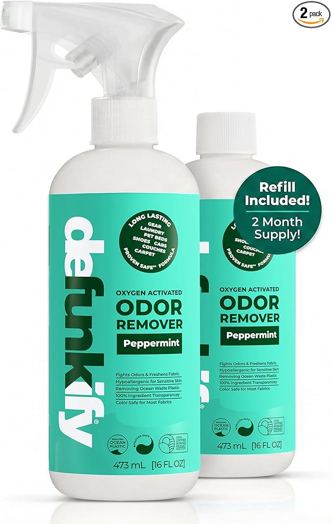 Fabric Freshener Spray 32oz. 'Peppermint' Odor Remover Spray. Shoe Deodorizer Carpet Deodorizer Odor Eliminator for Strong Odors Cleaning Supplies. ProvenSafe™ Fabric Freshener for Sensitive Gear