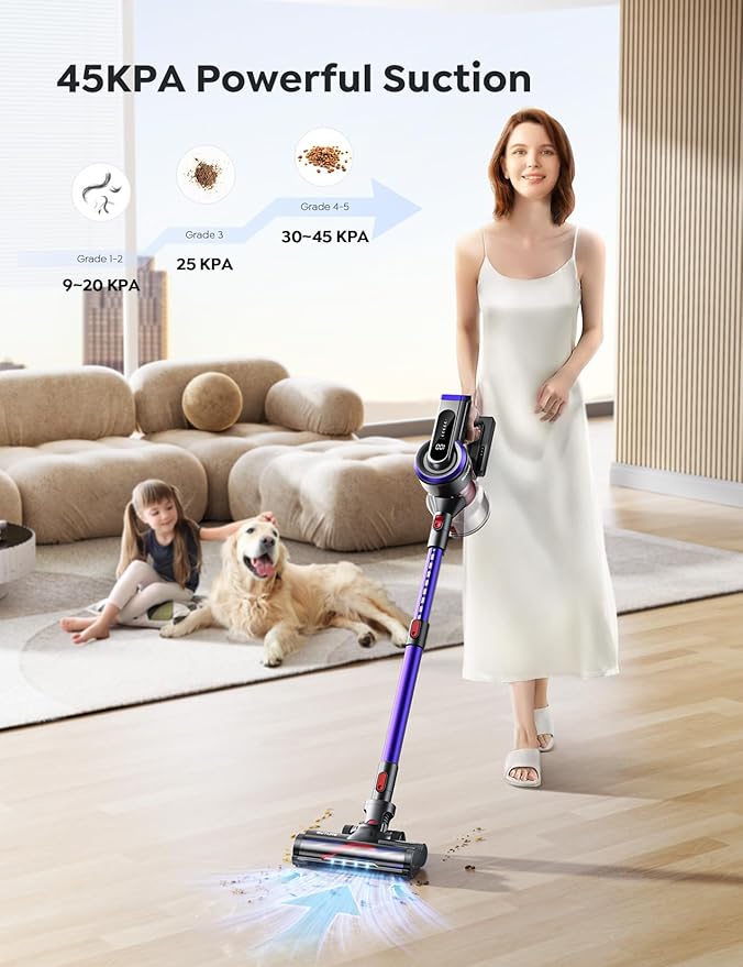 Cordless Vacuum Cleaner 550W 45Kpa Vacuum Cleaners for Home with 5 Suction Modes Vacuum Cleaner with Max 60Mins Stick Vacuum Cordless for Hardwood Floor Carpet Pet Hair