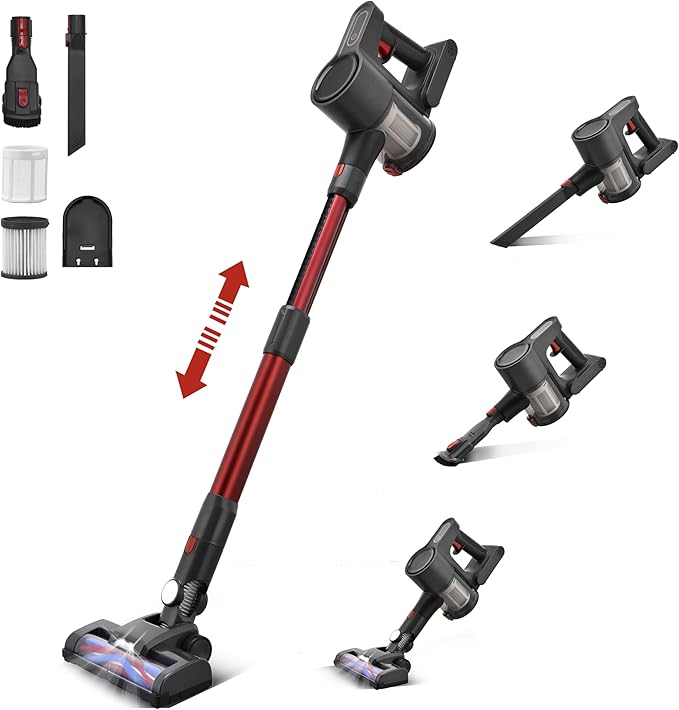 Cordless Vacuum Cleaner Powerful Brushless Motor 6-in-1 Lightweight Vacuum Cleaner Wall-Mounted with LED Display and Motor Mop Light for Pet Hair/Hardwood Floors/Cars（Gray）