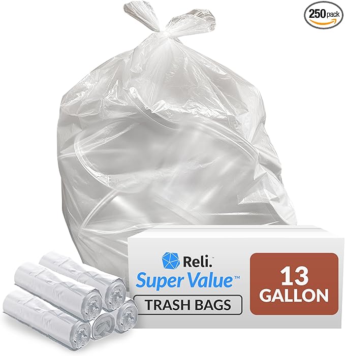 Reli. 13 Gallon Trash Bags | 250 Bags | Clear | Tall Kitchen | Strong | Garbage