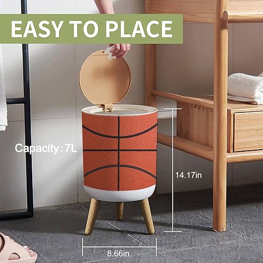 Small Trash Can with Lid Basketball Garbage Bin Round Waste Bin Press Cover Dog Proof Wastebasket for Kitchen Bathroom Living Room 1.8 Gallon