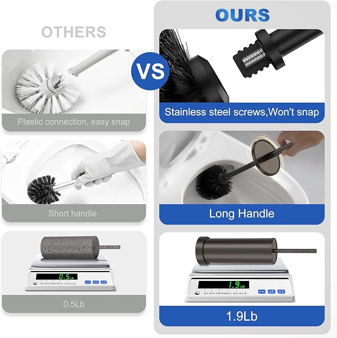 Toilet Brush and Holder Set: 304 Stainless Steel Heavy Duty Toilet Bowl Brush and Holder with Removable Inner Bowl and Splash Protection Long Handle Bathroom Cleaning Tool