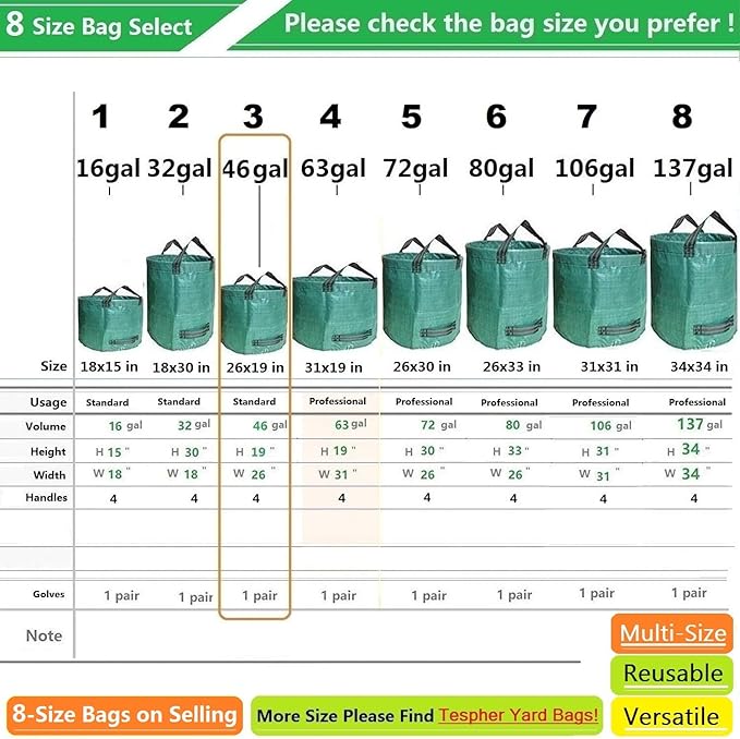 Standard 2-Pack 46 Gallon Lawn Garden Bags (D26H19 in) Yard Waste Bags W/Gardening Gloves for Leaf BagYard DebrisTrash ContainerRecycling BinCamping Waste BinGrass ClippingsWeeds Bag 4 Handles