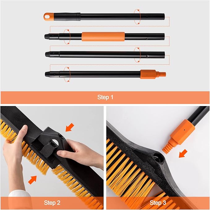 24”Push Broom Brush for Floor Cleaning with 65” Long Handle and Stiff Bristles Heavy Duty Brush for Shop Deck Garage ConcreteIndoor and Outdoor Broom 2 SetOrange