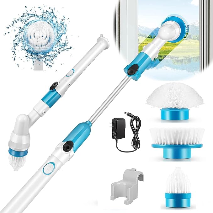 Electric Spin Scrubber360 Cordless Tub and Tile ScrubberMulti-Purpose Power Surface Cleaner with 3 Replaceable Cleaning Scrubber Brush HeadsExtension Handle Shower Scrubber for Bathroom Floor Tile