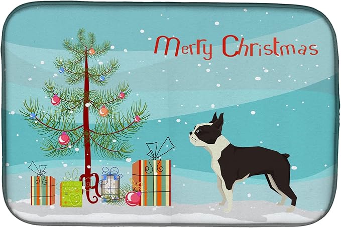 Caroline's Treasures CK3525DDM Boston Terrier Christmas Tree Dish Drying Mat Absorbent Dish Drying Mat Pad for Kitchen Counter Dish Drainer Mat for Countertop 14 x 21 Multicolor