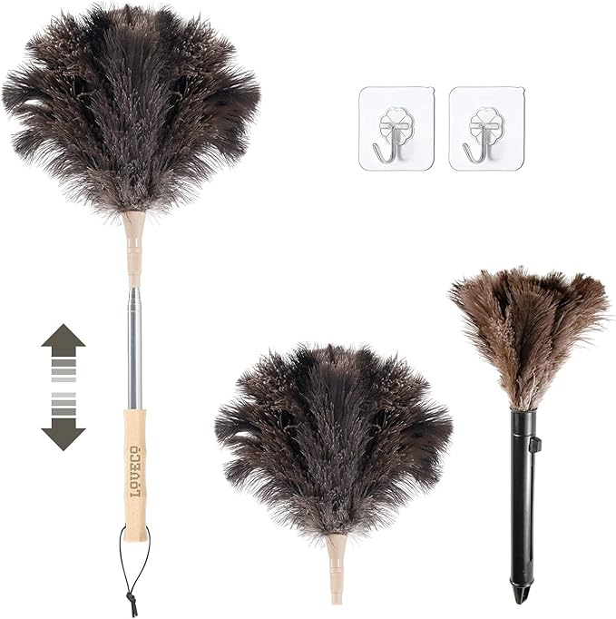 Ostrich Feather Dusters for Cleaning Kit - Reusable Soft Feather Duster Extendable to 49 inches for Cleaning Ceiling Fan High Ceiling Blinds &amp Retractable Small Duster for Keyboard Car