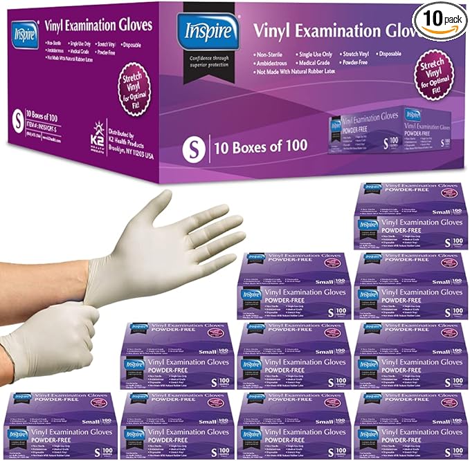 Inspire Stretch Vinyl Exam Gloves | THE ORIGINAL Quality Disposable Latex Free Medical Glove Cleaning Cooking Food Service Labs Healthcare and Household Small 1000 Count