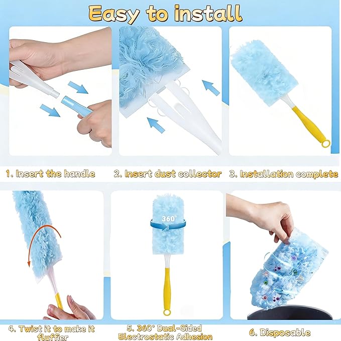 60-Pack Dusting Mop Refill Set Disposable Power Dusting Duster Compatible with Swiffer. Includes 1 Handle and 3-Foot Extension Pole Ideal for Cleaning Furniture Bookshelves and Ceiling Fans.