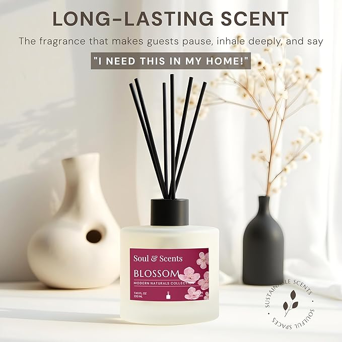 Soul &amp Scents Reed Diffuser Set – Blossom | 7.43 oz Refillable Scented Oil with 6 Fiber Sticks | Long-Lasting Home Fragrance &amp Air Freshener for Bedroom Bathroom Office | Gift &amp Décor Pi