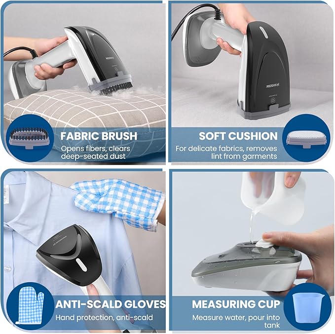 Powerful Handheld Fabric Steamer - 1800W with Fast Ceramic Heat-Up Plate 2-in-1 Ironing &amp Wrinkle Remover Steam Nozzle Lint Brush - White for US 120V Only