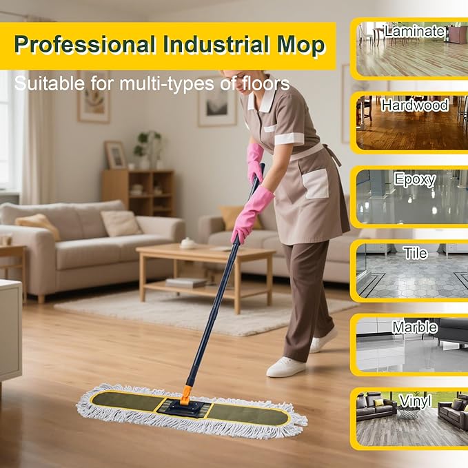 24 Commercial Dust Mops for Floor Cleaning with 2 Replacement Mop Pads Heavy Duty Large Dust Mop for Hardwood Floors Industrial Wet Dry Floor Duster for Office Garage Warehouse Factory Mall