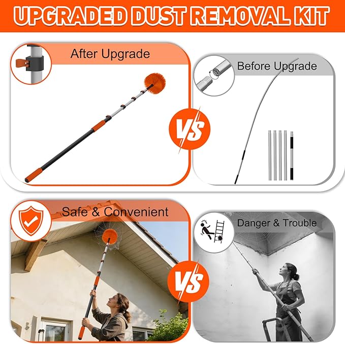 15FT Reach Cobweb Duster with Extension Pole - Spider Web Brush for Cleaning with 3-12FT 4-Section Flip-Lock Telescopic Pole Effortlessly Cleans High Indoor &amp Outdoor Webs