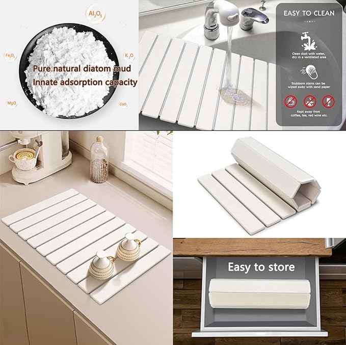 Stone Drying Mat for Kitchen Counter Stone Dish Drying Mat Foldable Super Absorbent Diatomaceous Earth Quick-drying Draining Mat for any Kitchen Countertop (White B 23.6”x15.4”)