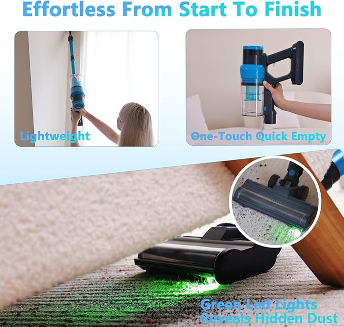 Cordless Vacuum Cleaner Max 400W 48kPa 65min Cordless Stick Vacuum Cleaner With Green Light Self-Standing Anti Tangle Wireless Rechargeable Vacuum Cleaners For Home/Hardwood Floor/Pet Hair/Carpet