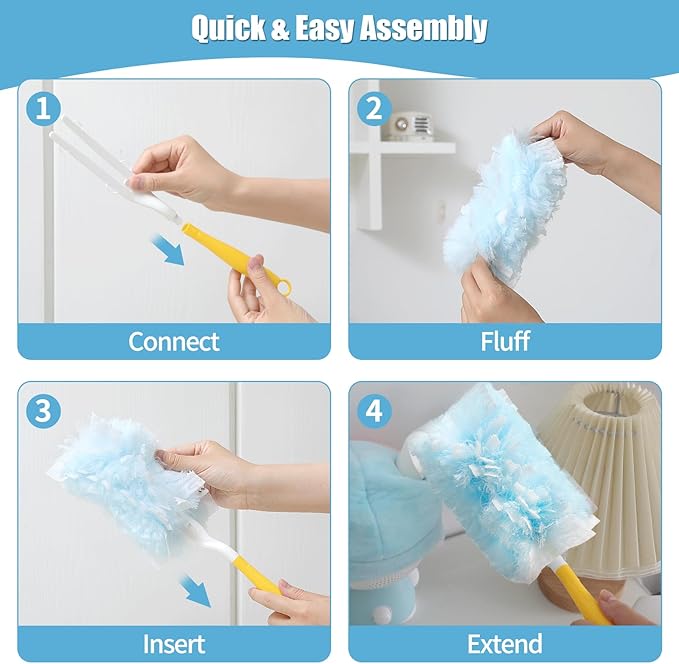 40 Count 360° Heavy Duty Duster Refills Compatible with Swiffer Large Size-Extra Thick Disposable Electrostatic Duster Refill with 1 Short Handle for Furniture Blinds Ceiling Fans