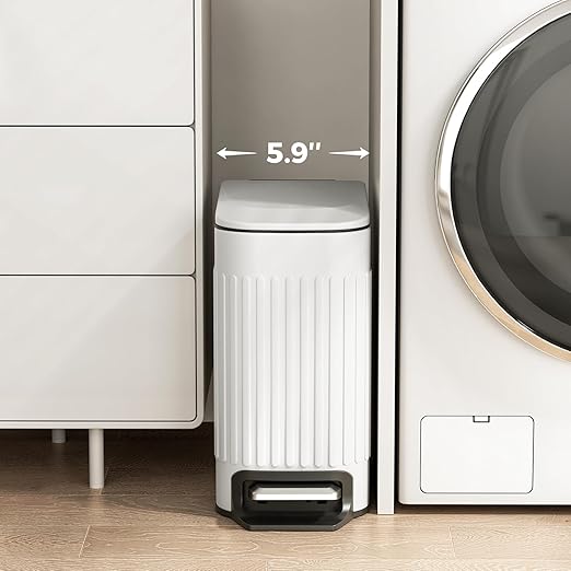 TrashAid Slim Bathroom Trash Can with Lid Soft Close 6 Liter/1.6 Gallon Stainless Steel Small Garbage Can with Removable Inner Bucket Step Pedal Slim Wastebasket for Toilet Office Bedroom White