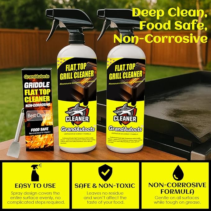 Flat Top Grill Cleaner Kit Grill &amp Griddle Cleaner - Non-Toxic Food Safe &amp Non-Caustic Formula Removes Burnt-On Grease/Carbon (2 Pcs + Cleaning Tools)