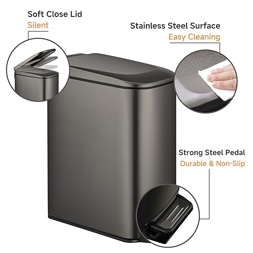 TIPGO Slim Bathroom Trash Can with Lid Soft Close 6 Liter / 1.6 Gallon Stainless Steel Garbage Can with Removable Inner Bucket Step Pedal Small Trash Cans for Bedroom Office Kitchen (Black Gold)
