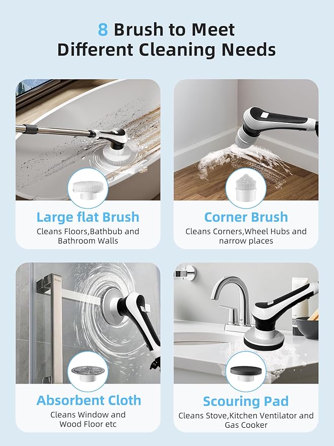 Electric Spin ScrubberCordless Shower Scrubber with Power Display ScreenIP68 Waterproof Bath Cleaning BrushAdjustable Extension Handle &amp 2 SpeedsElectric Cleaning Brush for BathroomKitchenTu