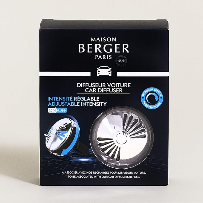 MAISON BERGER - Adjustable Refillable Car Air Freshener Vent Clip Diffuser Set - 1.75 Diameter x 1.25 Depth - Made in France (On/Off Flash - Gun Metal)