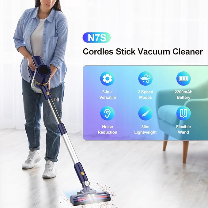 N7S Cordless Vacuum Cleaner 6-in-1 Multifunction Cordless Vacuum 210W Powerful Vacuum Cleaner 6 Cell 2200mAh Stick Vacuum Cordless Rechargeable for Home (Indigo)