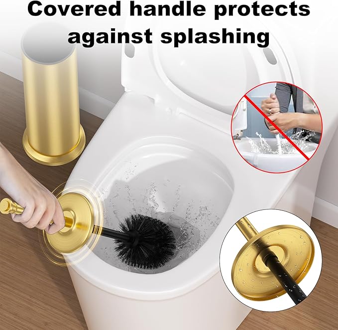 Brass Toilet Brush and HolderLong Handled Gold Toilet Brush for BathroomStainless Steel Heavy Duty Toilet Bowl BrushRemovable Inner BowlDeep Cleaning Dense Bristles Cleaner Brush -Space Saving