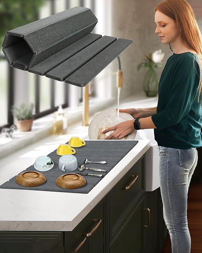 Large Stone Dish Drying Mat for Kitchen Counter 24x16 Inches Foldable Food-grade Material Super Absorbent Diatomaceous Earth Mats with Self-drying for Dishes Sink Bathtub Dark Grey