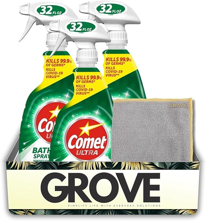 Comet Ultra Lemon Scent Concentrated Bathroom Cleaner Spray 32 oz (3-Pack) Bundle with Microfiber Cleaning Cloth – Dissolves Soap Scum Disinfects and Cleans Stains – Gift Set (4 Items)