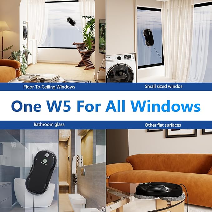 Tosima W5 Window Cleaning Robot Dual Direction Auto-Spray Smart Window Cleaner with Triple Safety System Smart Navigation Remote Control for All Smooth Surfaces with 8 Rags Black