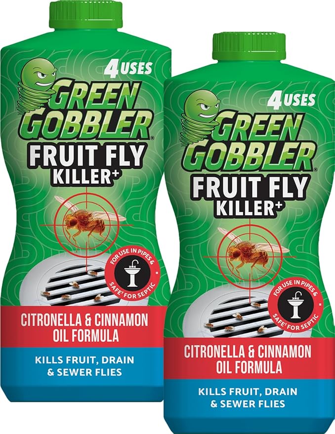 Green Gobbler Fruit Fly Killer+ - Kills Fruit Flies Drain Flies &amp Sewer Flies Gel Treatment for Use in Sinks &amp Pipes - Safe for Septic Systems 32oz - Up to 8 USES (2 Pack)