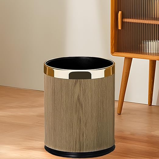 Yajuyi Trash Can Waste Basket Decorative PU Leather Garbage Can Wastebasket for Household Office Laundry Room Under Desk Hotel 14L Round Gold