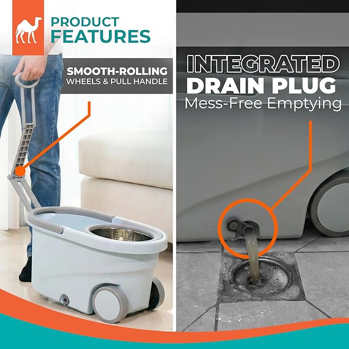 Grazie Spin Mop &amp Bucket Set - 360° Self-Wringing System with Wheels Stainless Steel Handle - Hands-Free Floor Cleaning for Hardwood Tile Laminate - Includes 6 Washable Microfiber Mop Head Refi