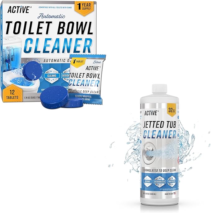 ACTIVE Automatic Toilet Bowl Cleaner and Jetted Tub Cleaner - Includes 12ct Toilet Bowl Cleaning Tablets and 32oz Jetted Tub Cleaner Liquid