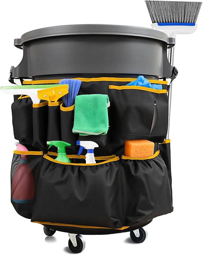 Trash Can Caddy Bag 1680D waterproof and easy-to-clean fabric fits for 32-55 Gallon Garbage Bin with Adjustable Buckle Multi-Pocket Garbage Bin Caddy Organizer Orange Edge