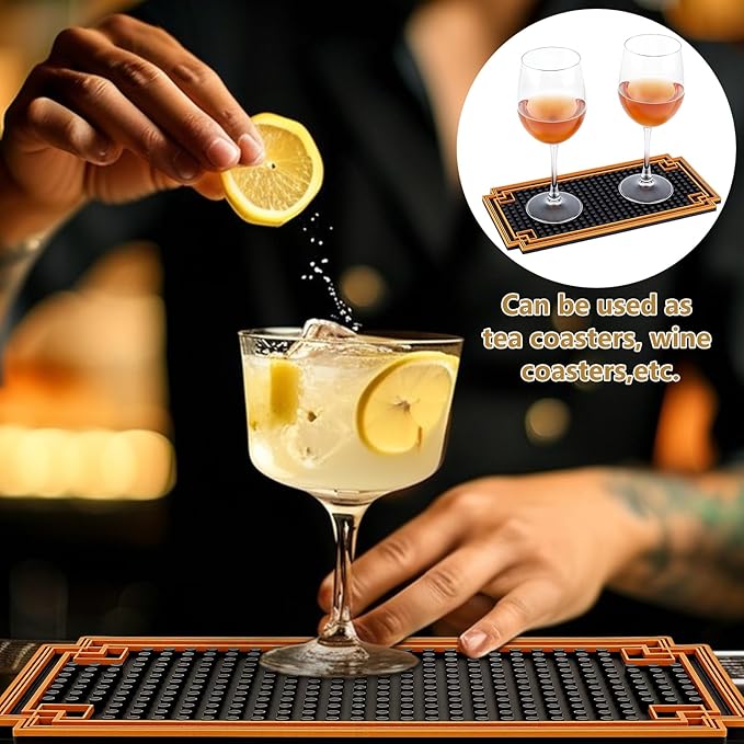 4Pcs 12x6 Inch Bar Mat Non Slip Coffee Bar Mats with Gold Border Cocktail Service Coffee Mats CounterTop Dish Drying Mat for Home Spills Restaurants Counter Whiskey and Espresso