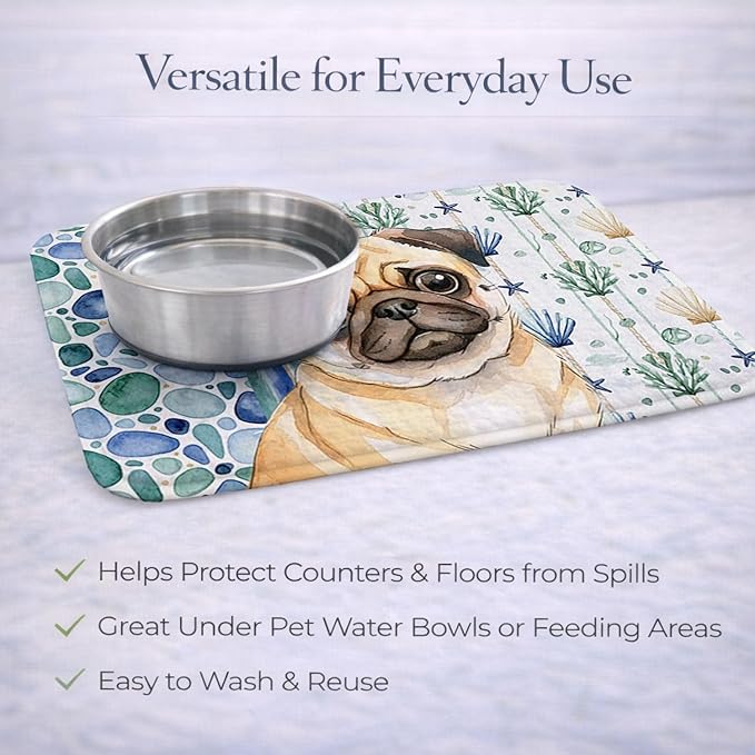 Caroline's Treasures Fawn Pug Coastal Sea Glass Dish Drying Mat Absorbent Dish Drying Mat Pad for Kitchen Counter Dish Drainer Mat for Countertop 14 x 21 Multicolor