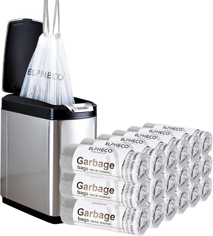 ELPHECO 2.5 Gallon Trash Bags │ 15 Liters Drawstring Garbage Bags │ Small Trash Bags For Bathroom Office Living Room Use │ Suitable For 1.5-4 Gallon Trash Can │ 18×20 │ 180 Count / 18 Rolls │ A