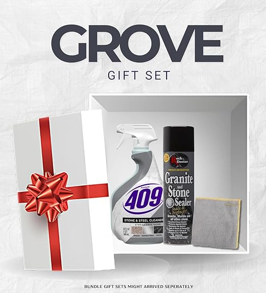 Formula 409 Stone/Steel Cleaner 32 oz Spray and Rock Doctor Clean Scent Granite Sealer 18 oz Spray Bundle with Microfiber Auto Cleaning Cloth – Stone and Countertop Care – Gift Set (3 Items)