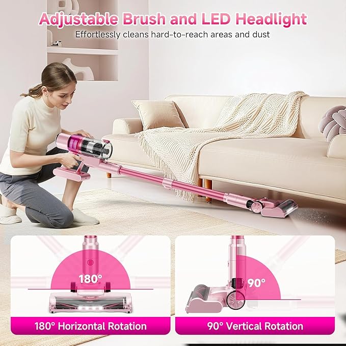 Cordless Vacuum Cleaner: Portable 6-in-1 Stick Vacuum with Anti-Tangle Brush LED Headlight Self-Standing HD Display Rechargeable Vacuum for Pet Hair Low-Pile Carpet and Hardwood Floor-Dark Pink
