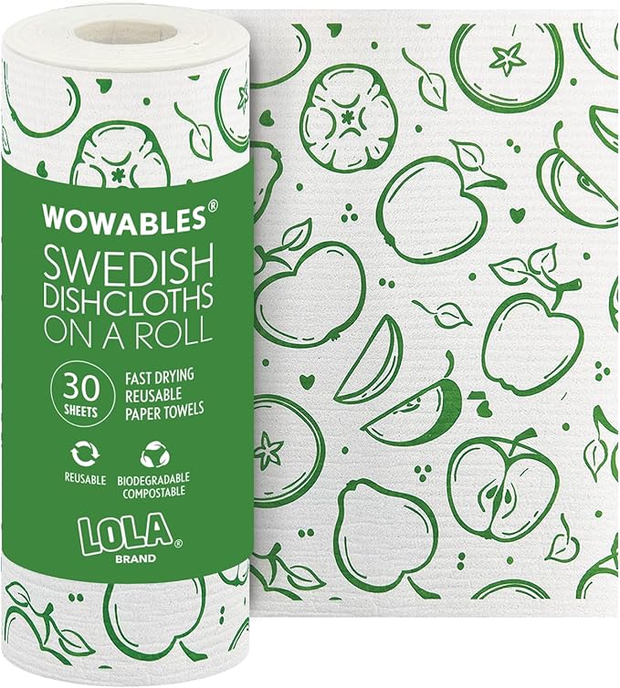 LOLA Swedish Dishcloths XL on a Roll 30 Sheets Fruit Pattern Perforated Tear-Off 11 x 10 Sheets w/Hook Reusable Absorbent Unpaper Towels Cellulose Sponge Cloth Biodegradable Made in Germany