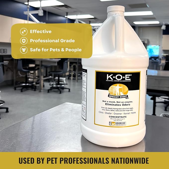 Odorcide K.O.E. Apricot Odor Eliminator Concentrate for Strong Odor for Cages Runs &amp More – Home &amp Kennel w/Safe Non-Enzymatic Formula - 128 oz