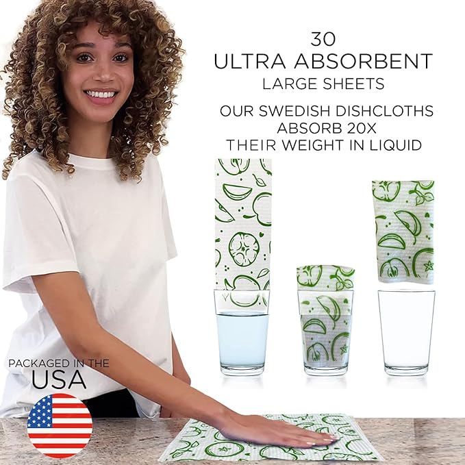 LOLA Swedish Dishcloths XL on a Roll 30 Sheets Fruit Pattern Perforated Tear-Off 11 x 10 Sheets w/Hook Reusable Absorbent Unpaper Towels Cellulose Sponge Cloth Biodegradable Made in Germany