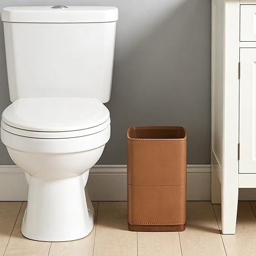 Polytree Bathroom Trash Can 1.8 Gallon(7 Liter) Small Kitchen Garbage CanDecor Wastebasket for Bedroom OfficeBrown （Resin-Imitated Leather Effect）