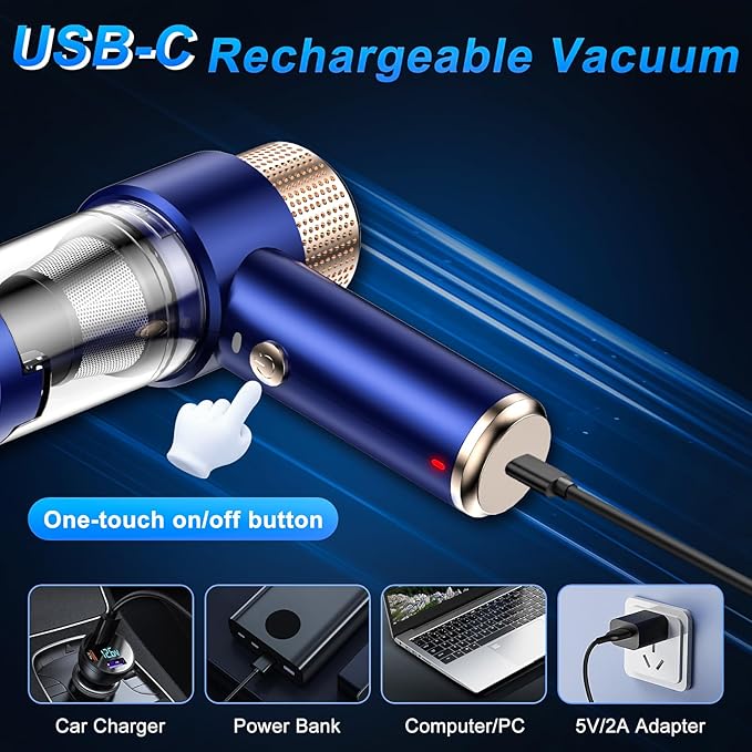 Mini Vacuum Cleaner 15000PA Car Vacuum Cleaner Portable Cordless with LED Light 4 in 1 Air Duster and Handheld Small Vacuum Rechargeable for Car Home Office Pet（Blue）