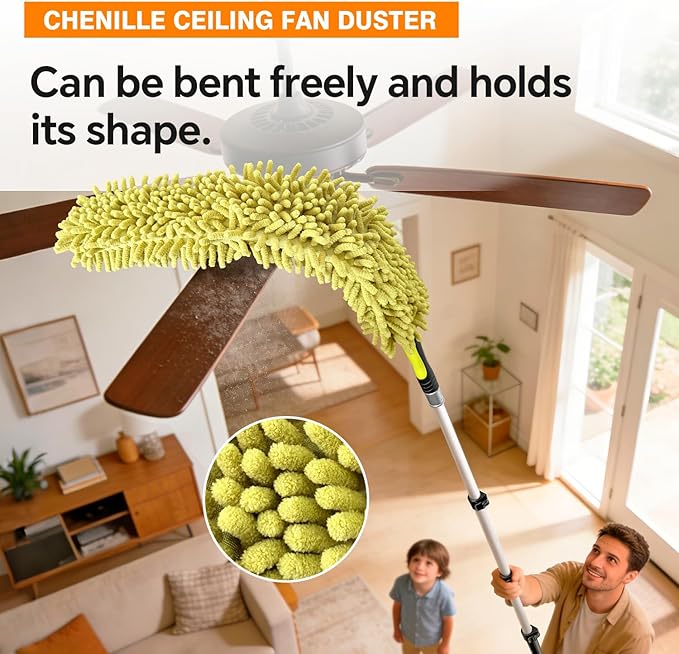 4-12Ft Telescoping Extension Pole Kit 4-in-1 High Reach Duster with Chenille Microfiber Feather &amp Cobweb Duster Attachments for Ceiling Wall Hard-to-Reach Indoor &amp Outdoor Cleaning Yellow