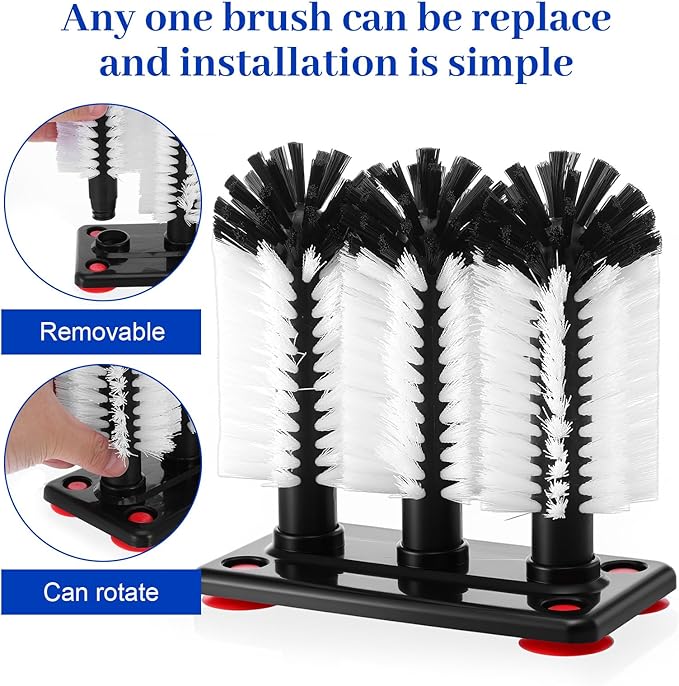 2 Pack Water Bottle Cleaning Brush with 3 Brushe Heads &amp Suction BaseGlass Cup Washer for Sink Bar Beer Cup Wine Glass（7.3 x 3.7 x 7.5 inch）