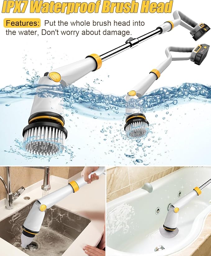 Qimedo Electric Spin Scrubber with Two Batteries Q2 Pro1500 RPM High Power Electric Scrubber for CleaningShower Cordless Cleaning Brush with Display for Tub/Tile/Floor (Effortless Handle/8 Brushes)